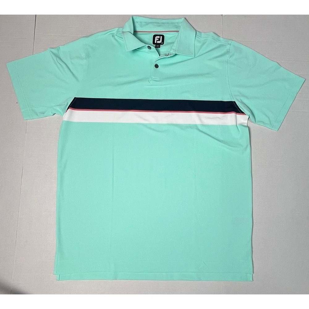 FootJoy FJ Golf Polo Shirt Men's Large Aqua Blue Stripe Performance Tech - Picture 2 of 8